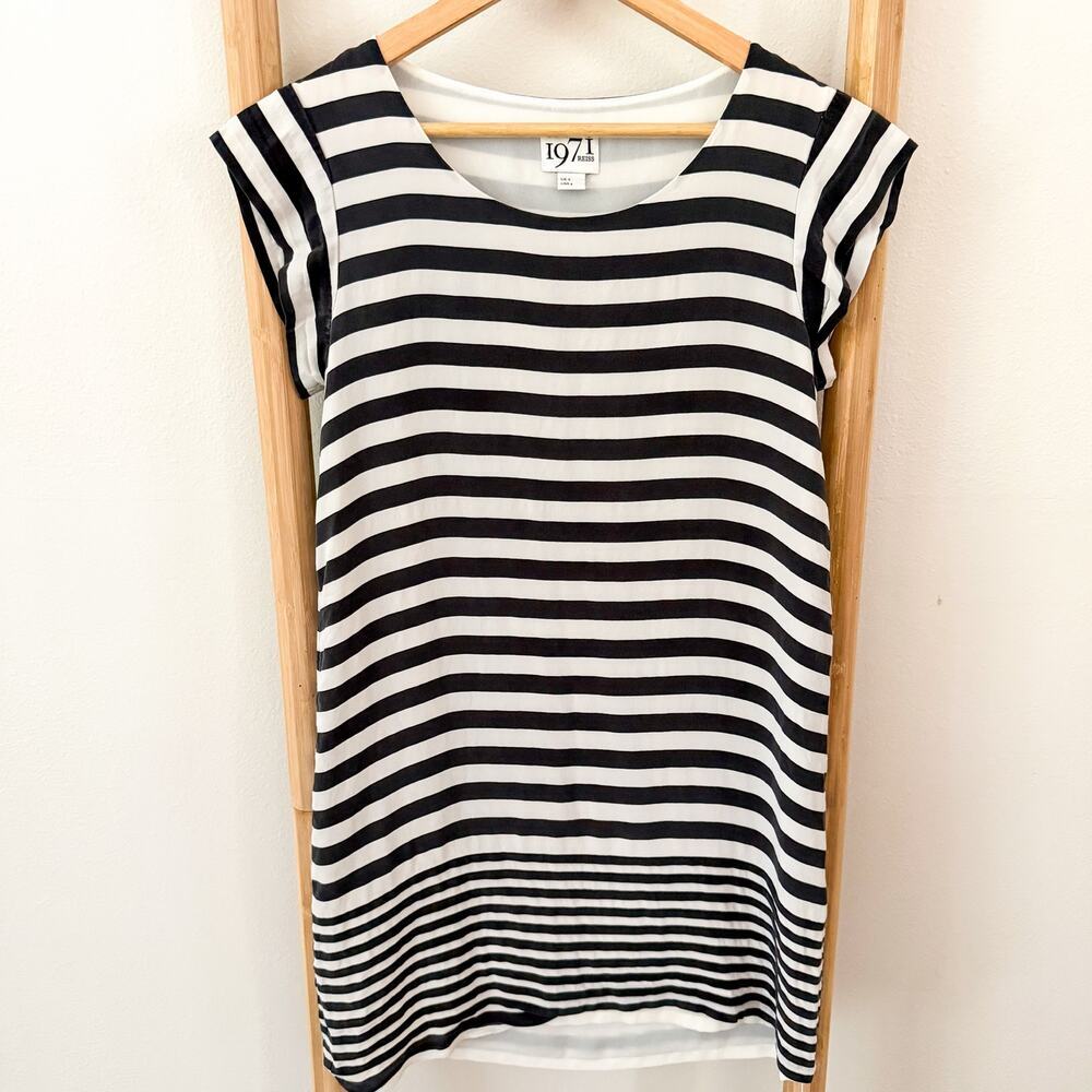 Reiss 1971 Silk Shift Dress Navy White Stripe Cap Sleeve Lined UK 8 US 4
